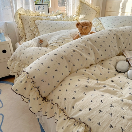 91家纺网 家纺一手货源 找家纺 （总）盼季家纺 2025新款公主风花边小清新水洗棉床上四件套床单被套床裙三件套-风格二