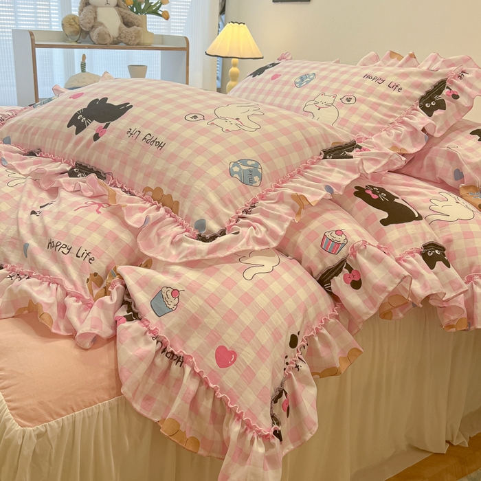 91家纺网 家纺一手货源 找家纺 盼季家纺 2025新款公主风花边小清新水洗棉床上四件套床单被套床裙三件套-风格一 调皮黑猫