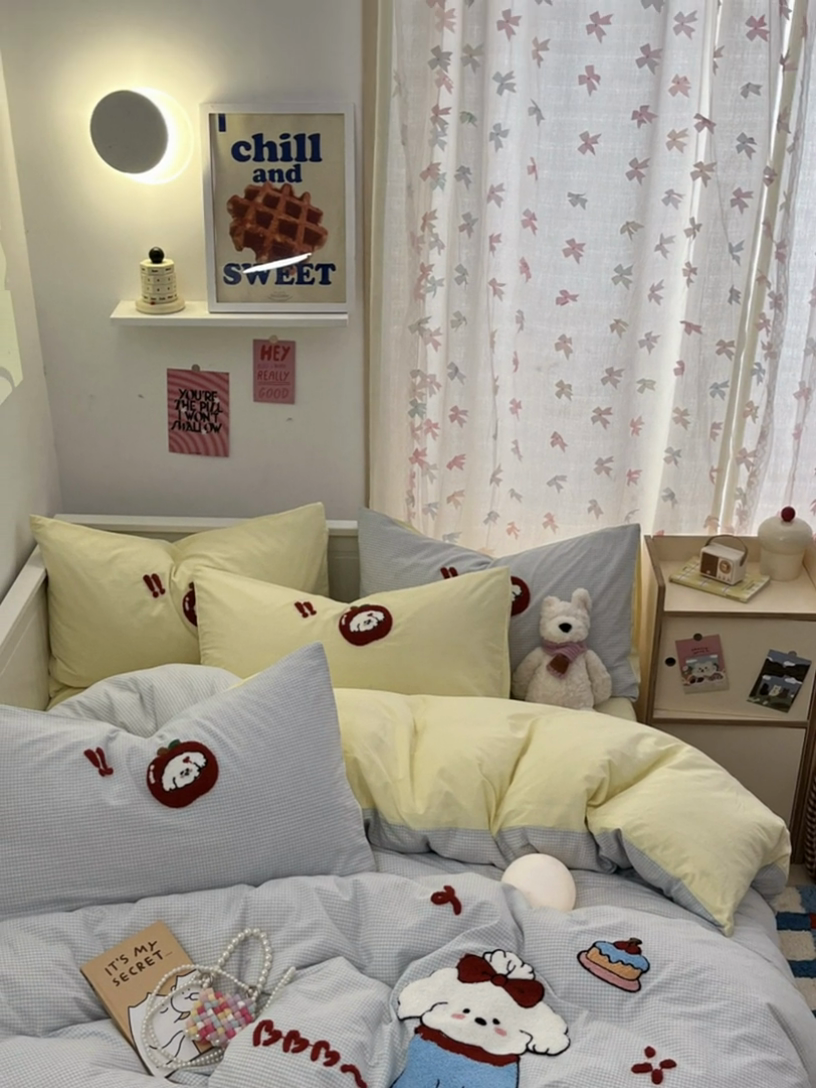 91家纺网 家纺一手货源 找家纺 呗旺鹿 2025新款A类全棉色织水洗棉毛巾绣系列四件套 蝴蝶结小狗