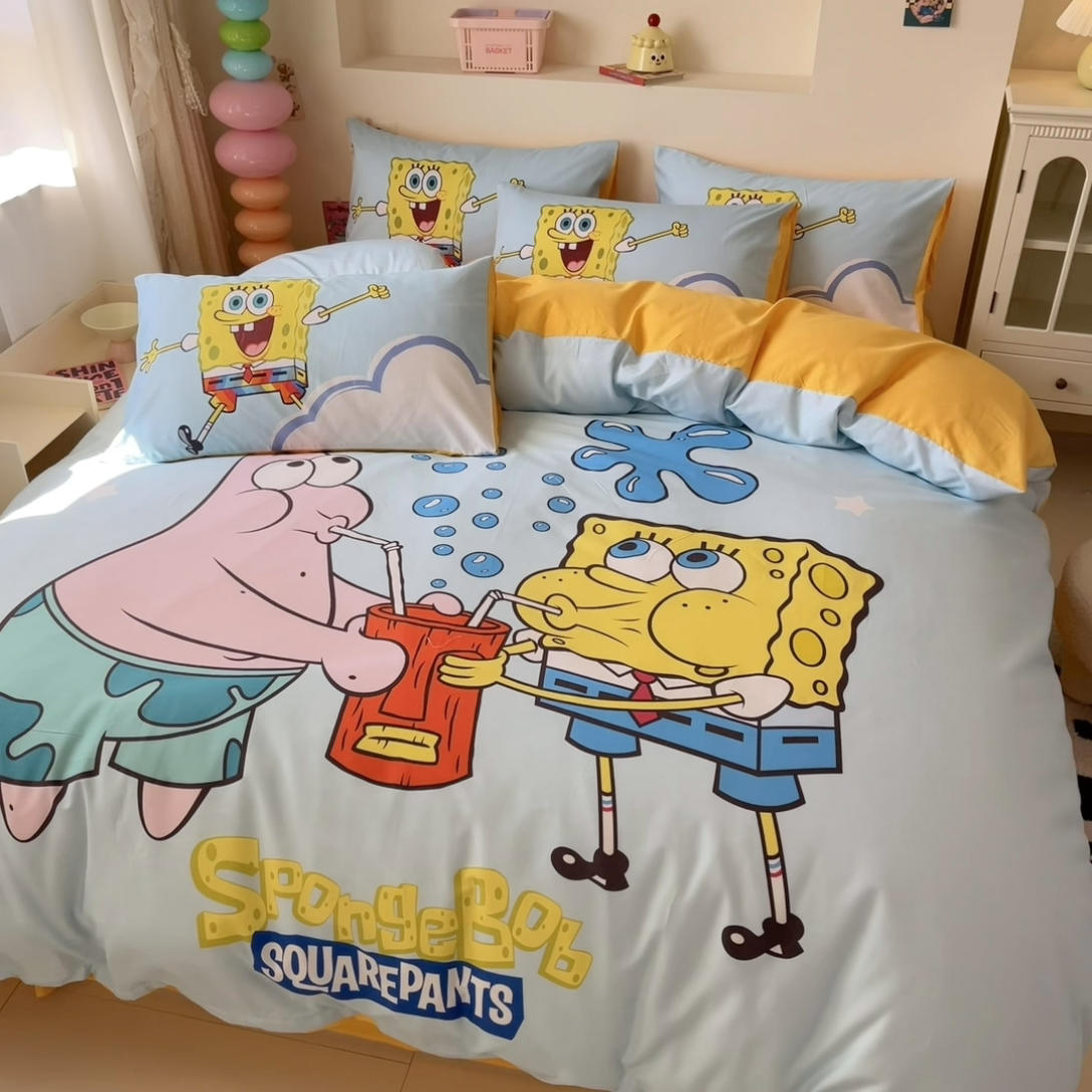 91家纺网 家纺一手货源 找家纺 金爱家纯棉数码印花系列四件套-海绵宝宝 棉D-泡泡海绵宝宝