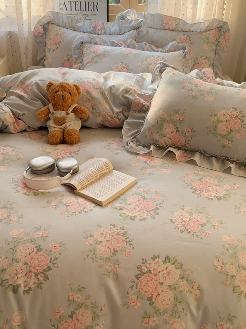 91家纺网 家纺一手货源 找家纺 盼季家纺 2025新款公主风花边小清新水洗棉床上四件套床单被套床裙三件套-风格二 花丛