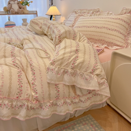 91家纺网 家纺一手货源 找家纺 （总）盼季家纺 2025新款公主风花边小清新水洗棉床上四件套床单被套床裙三件套-风格一