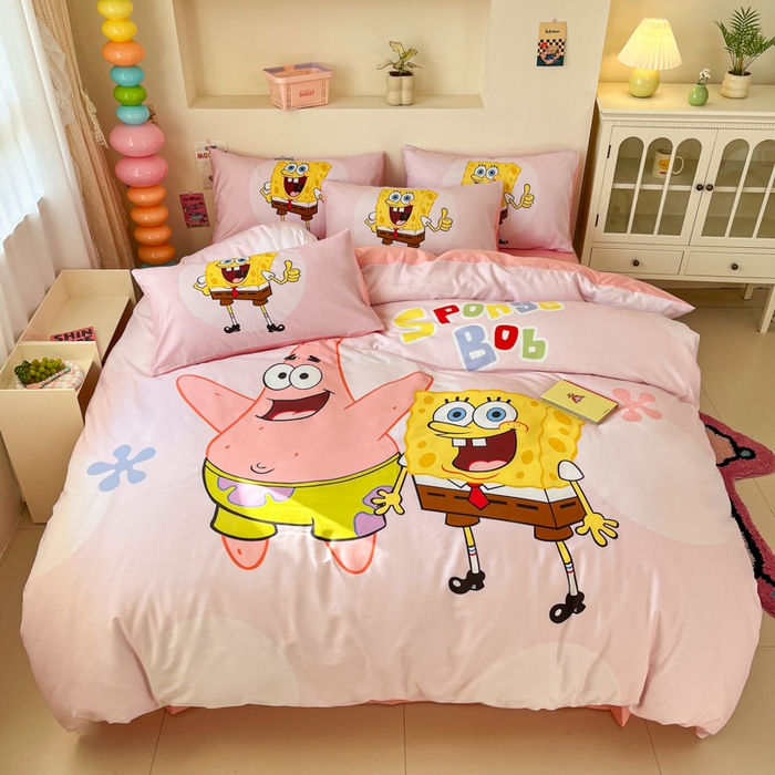 91家纺网 家纺一手货源 找家纺 金爱家纯棉数码印花系列四件套-海绵宝宝 棉D-粉粉海绵宝宝