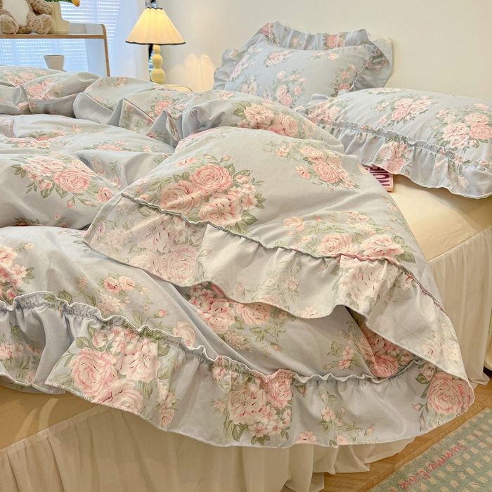 91家纺网 家纺一手货源 找家纺 盼季家纺 2025新款公主风花边小清新水洗棉床上四件套床单被套床裙三件套-风格一 花丛