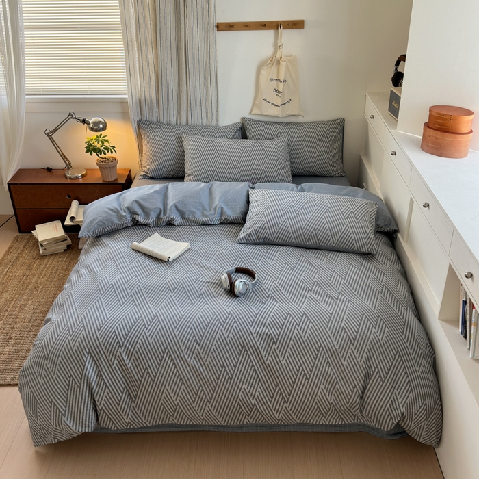 91家纺网 家纺一手货源 找家纺 清雅福2025全棉13372极简风四件套 线韵时尚