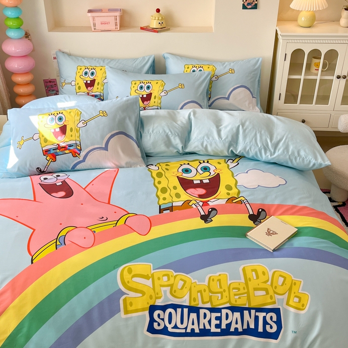 91家纺网 家纺一手货源 找家纺 金爱家纯棉数码印花系列四件套-海绵宝宝 棉D-彩虹海绵宝宝