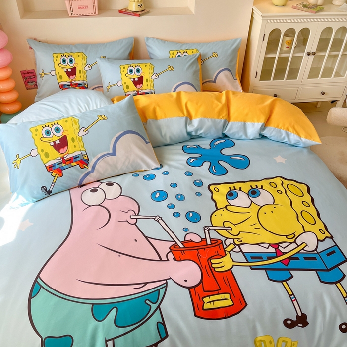 91家纺网 家纺一手货源 找家纺 金爱家纯棉数码印花系列四件套-海绵宝宝 棉D-泡泡海绵宝宝