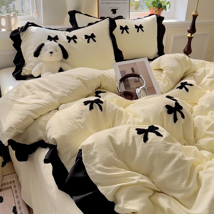 91家纺网 家纺一手货源 找家纺 梦之岛 2025新款韩版小香风赫本风云朵棉毛巾绣四件套 小香风蝴蝶结-奶黄