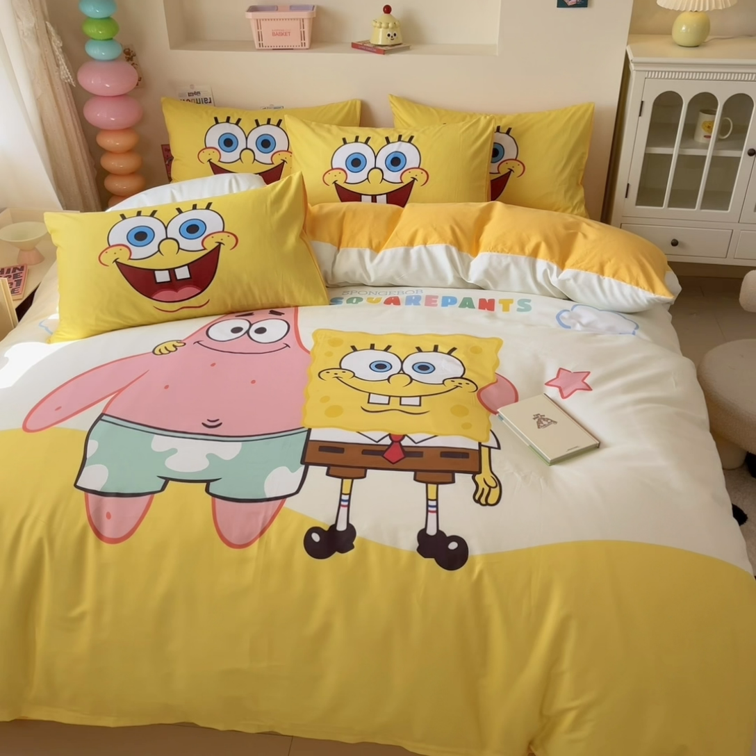 91家纺网 家纺一手货源 找家纺 金爱家纯棉数码印花系列四件套-海绵宝宝 棉D-伙伴海绵宝宝