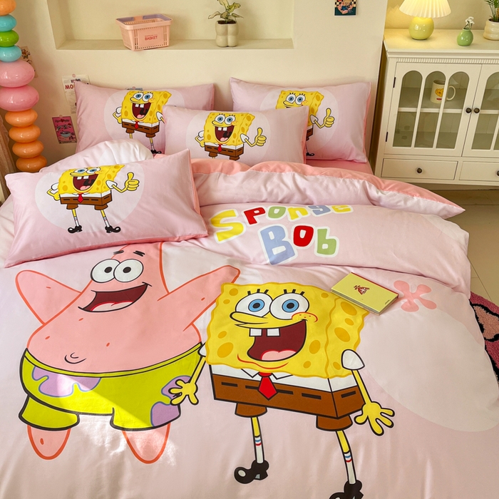 91家纺网 家纺一手货源 找家纺 金爱家纯棉数码印花系列四件套-海绵宝宝 棉D-粉粉海绵宝宝