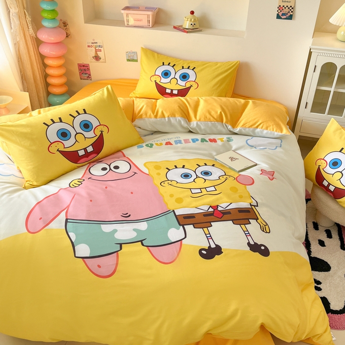 91家纺网 家纺一手货源 找家纺 金爱家纯棉数码印花系列四件套-海绵宝宝 棉D-伙伴海绵宝宝