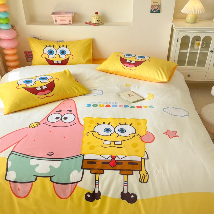 91家纺网 家纺一手货源 找家纺 金爱家纯棉数码印花系列四件套-海绵宝宝 棉D-伙伴海绵宝宝