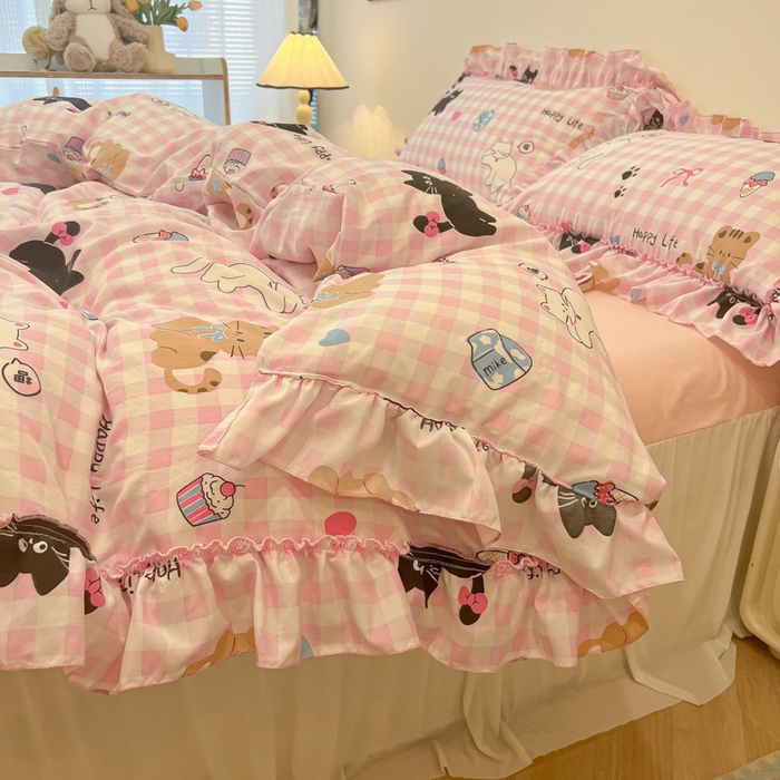 91家纺网 家纺一手货源 找家纺 盼季家纺 2025新款公主风花边小清新水洗棉床上四件套床单被套床裙三件套-风格一 调皮黑猫