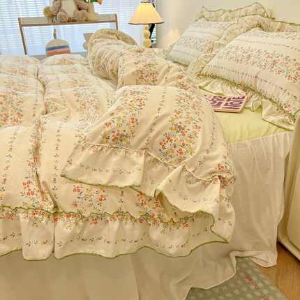 91家纺网 家纺一手货源 找家纺 盼季家纺 2025新款公主风花边小清新水洗棉床上四件套床单被套床裙三件套-风格一 知景