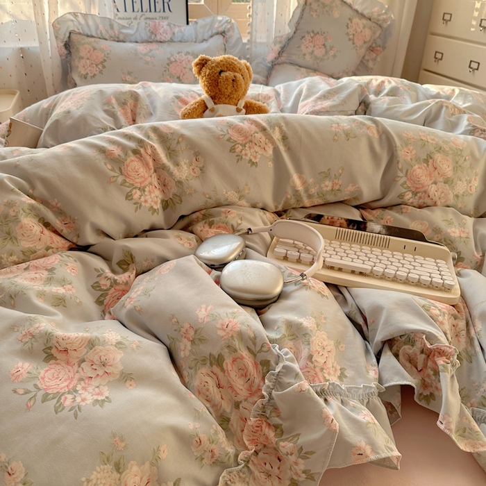 91家纺网 家纺一手货源 找家纺 盼季家纺 2025新款公主风花边小清新水洗棉床上四件套床单被套床裙三件套-风格二 花丛