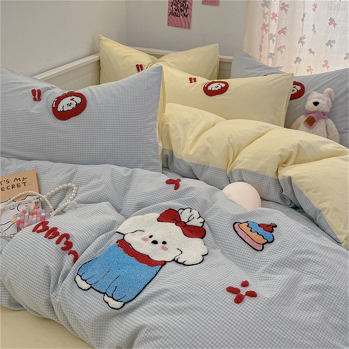 91家纺网 家纺一手货源 找家纺 呗旺鹿 2025新款A类全棉色织水洗棉毛巾绣系列四件套 蝴蝶结小狗