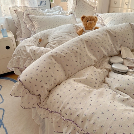 91家纺网 家纺一手货源 找家纺 （总）盼季家纺 2025新款公主风花边小清新水洗棉床上四件套床单被套床裙三件套-风格二