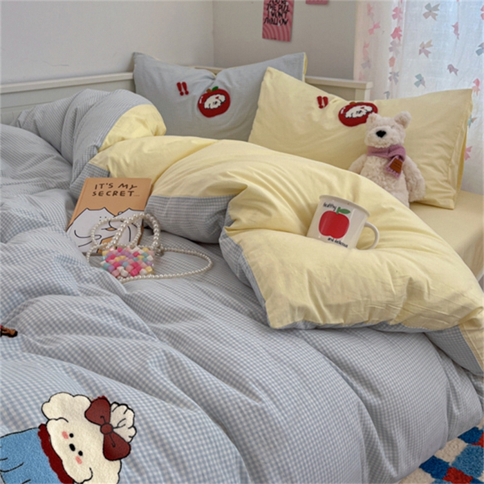 91家纺网 家纺一手货源 找家纺 呗旺鹿 2025新款A类全棉色织水洗棉毛巾绣系列四件套 蝴蝶结小狗