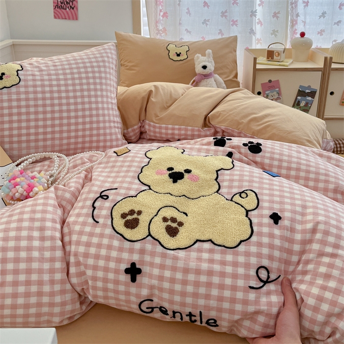 91家纺网 家纺一手货源 找家纺 呗旺鹿 2025新款A类全棉色织水洗棉毛巾绣系列四件套 跳跳狗