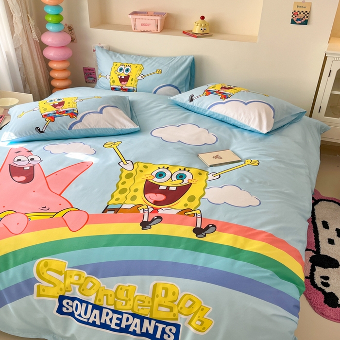 91家纺网 家纺一手货源 找家纺 金爱家纯棉数码印花系列四件套-海绵宝宝 棉D-彩虹海绵宝宝