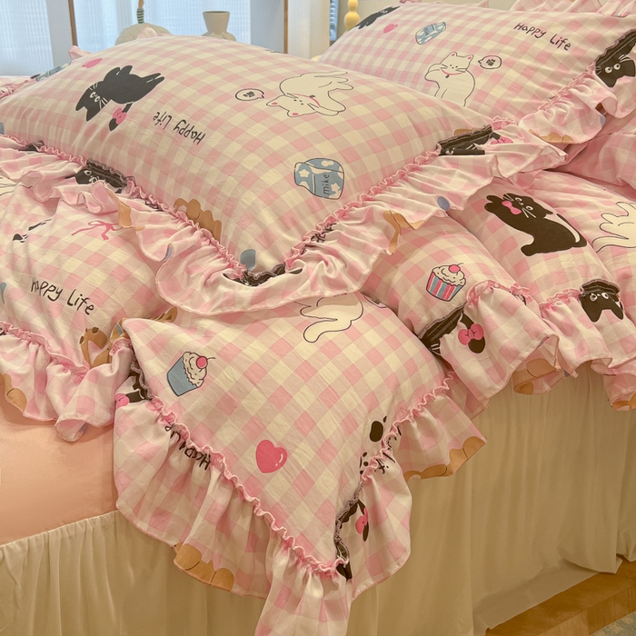 91家纺网 家纺一手货源 找家纺 盼季家纺 2025新款公主风花边小清新水洗棉床上四件套床单被套床裙三件套-风格一 调皮黑猫