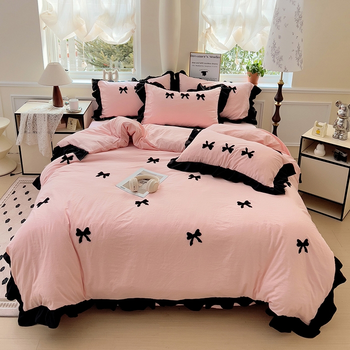 91家纺网 家纺一手货源 找家纺 梦之岛 2025新款韩版小香风赫本风云朵棉毛巾绣四件套 小香风蝴蝶结-玉