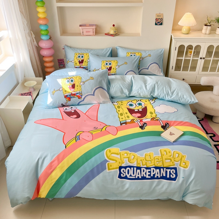 91家纺网 家纺一手货源 找家纺 金爱家纯棉数码印花系列四件套-海绵宝宝 棉D-彩虹海绵宝宝