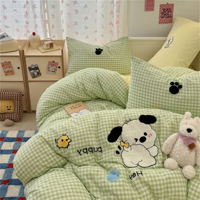 91家纺网 家纺一手货源 找家纺 呗旺鹿 2025新款A类全棉色织水洗棉毛巾绣系列四件套 恰恰狗