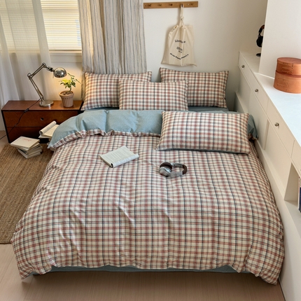 清雅福2025全棉13372极简风四件套 绯羽格-红