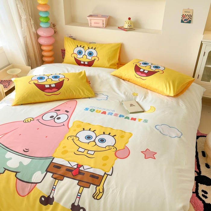 91家纺网 家纺一手货源 找家纺 金爱家纯棉数码印花系列四件套-海绵宝宝 棉D-伙伴海绵宝宝