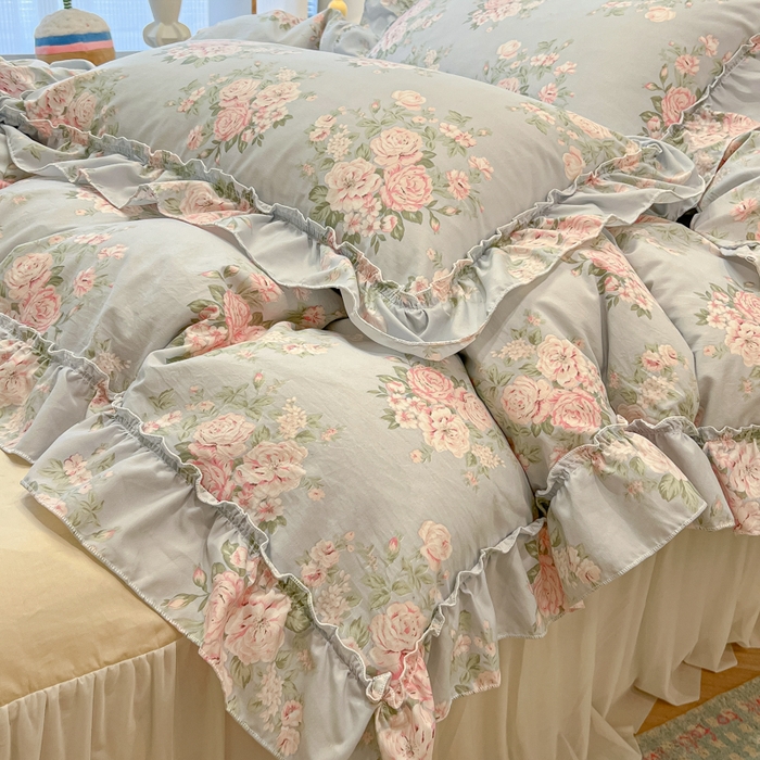 91家纺网 家纺一手货源 找家纺 盼季家纺 2025新款公主风花边小清新水洗棉床上四件套床单被套床裙三件套-风格一 花丛