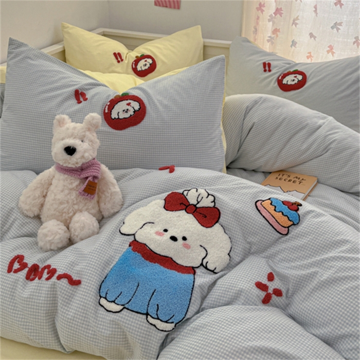 91家纺网 家纺一手货源 找家纺 呗旺鹿 2025新款A类全棉色织水洗棉毛巾绣系列四件套 蝴蝶结小狗