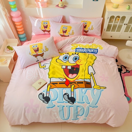 金爱家纯棉数码印花系列四件套-海绵宝宝 棉D-爱喝海绵宝宝粉