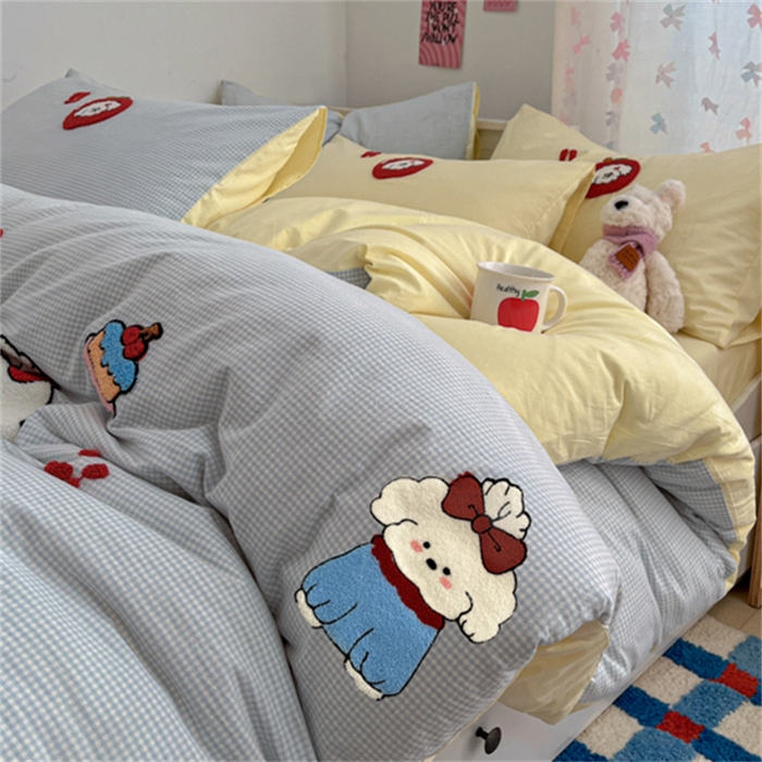 91家纺网 家纺一手货源 找家纺 呗旺鹿 2025新款A类全棉色织水洗棉毛巾绣系列四件套 蝴蝶结小狗