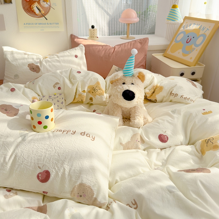 91家纺网 家纺一手货源 找家纺 颜选 2025新款水洗棉印花四件套【提供买家秀】 蝴蝶结熊