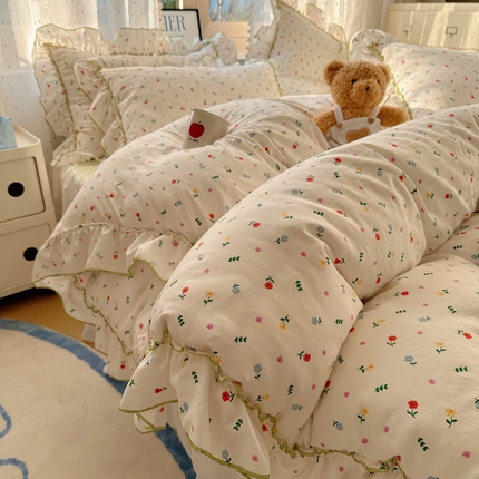 91家纺网 家纺一手货源 找家纺 （总）盼季家纺 2025新款公主风花边小清新水洗棉床上四件套床单被套床裙三件套-风格二