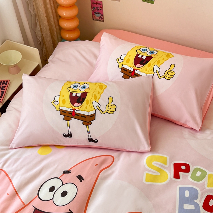 91家纺网 家纺一手货源 找家纺 金爱家纯棉数码印花系列四件套-海绵宝宝 棉D-粉粉海绵宝宝