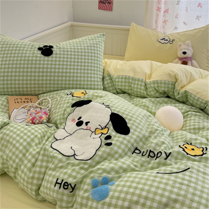 91家纺网 家纺一手货源 找家纺 呗旺鹿 2025新款A类全棉色织水洗棉毛巾绣系列四件套 恰恰狗