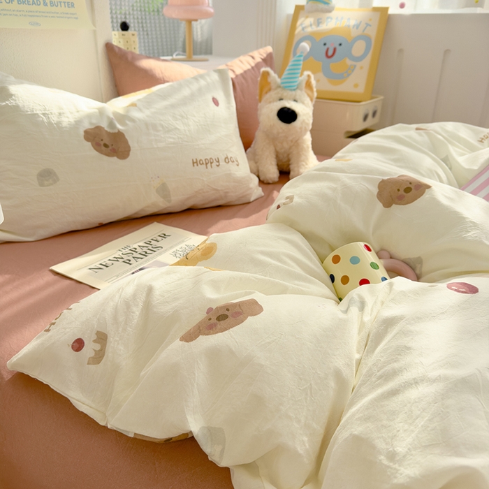 91家纺网 家纺一手货源 找家纺 颜选 2025新款水洗棉印花四件套【提供买家秀】 蝴蝶结熊