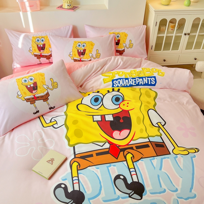 91家纺网 家纺一手货源 找家纺 金爱家纯棉数码印花系列四件套-海绵宝宝 棉D-爱喝海绵宝宝粉