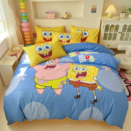 91家纺网 家纺一手货源 找家纺 金爱家纯棉数码印花系列四件套-海绵宝宝 棉D-蓝蓝海绵宝宝