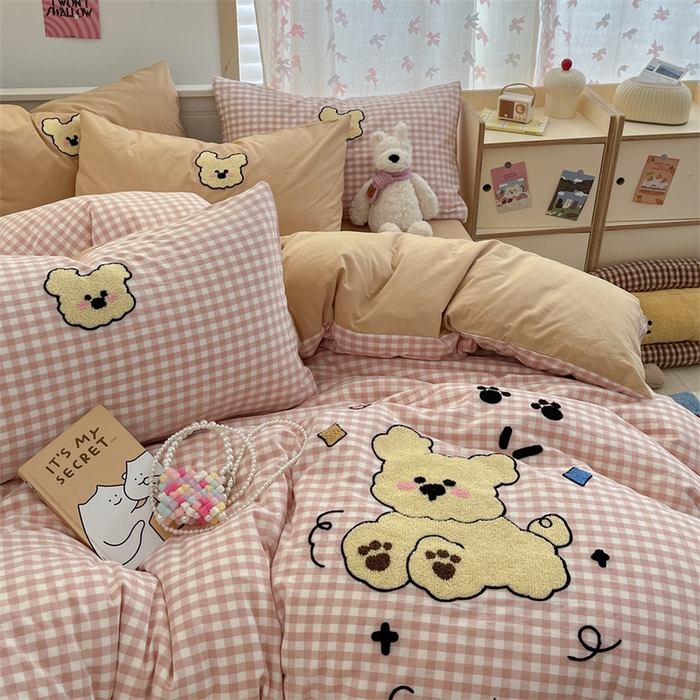 91家纺网 家纺一手货源 找家纺 呗旺鹿 2025新款A类全棉色织水洗棉毛巾绣系列四件套 跳跳狗