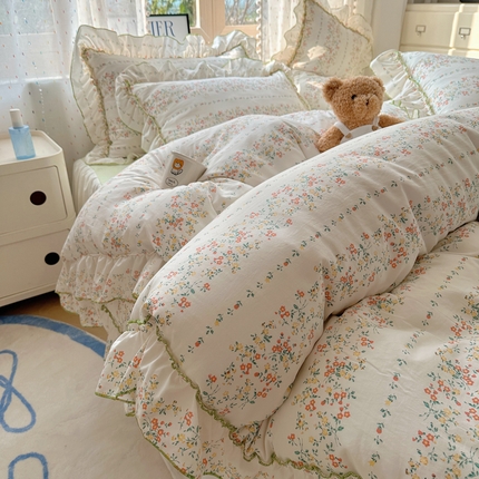 91家纺网 家纺一手货源 找家纺 （总）盼季家纺 2025新款公主风花边小清新水洗棉床上四件套床单被套床裙三件套-风格二