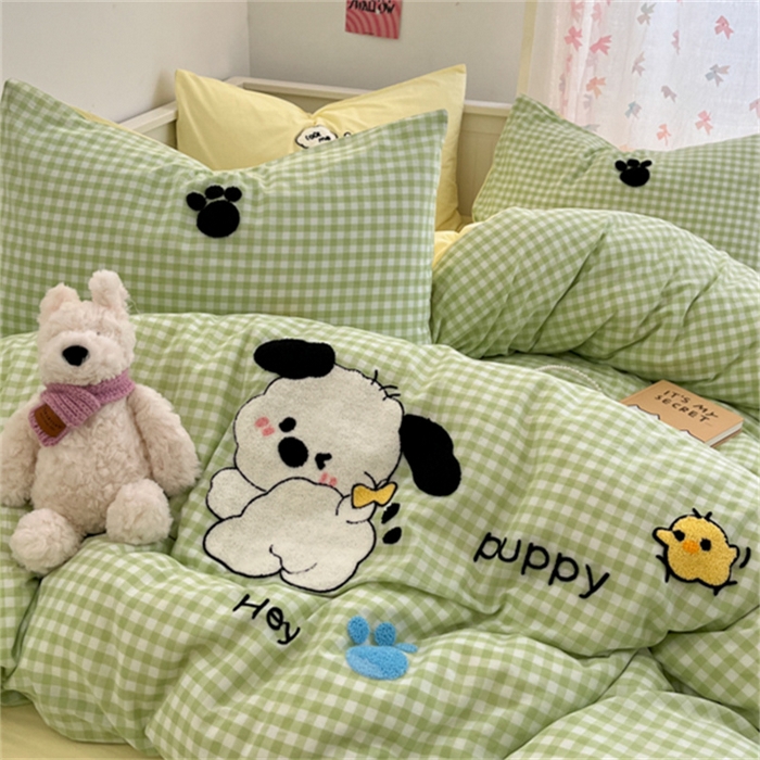 91家纺网 家纺一手货源 找家纺 呗旺鹿 2025新款A类全棉色织水洗棉毛巾绣系列四件套 恰恰狗