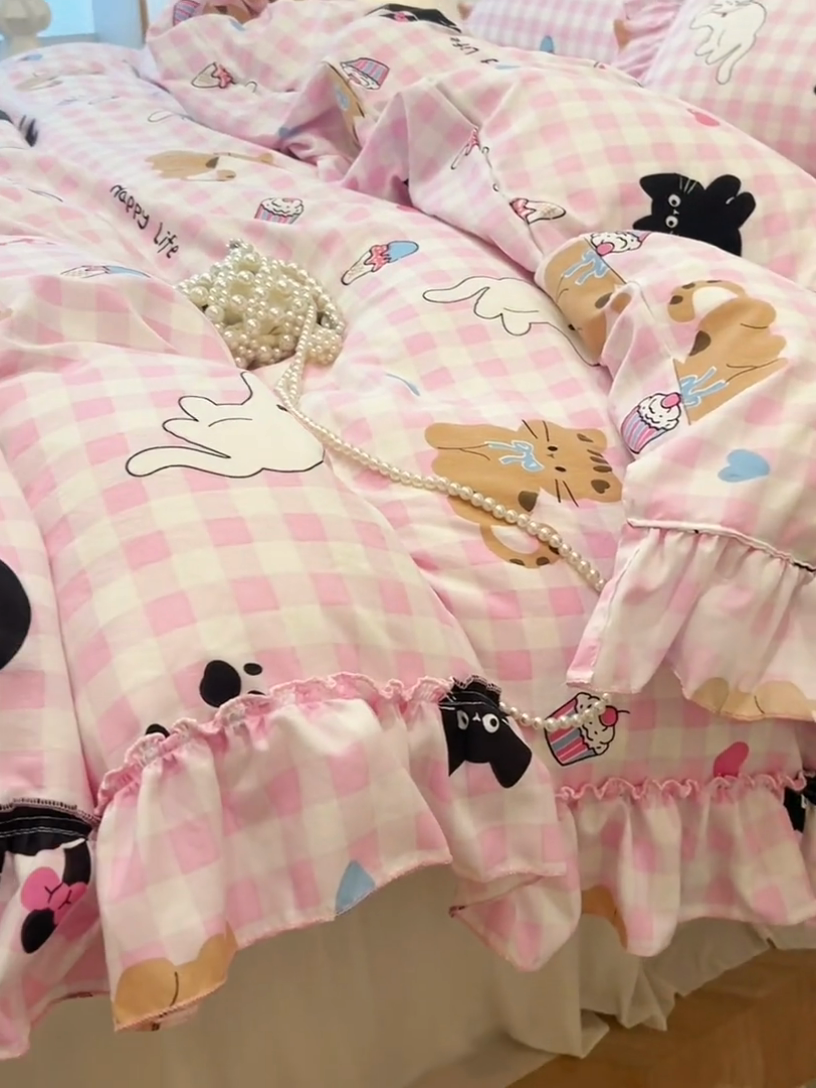 91家纺网 家纺一手货源 找家纺 盼季家纺 2025新款公主风花边小清新水洗棉床上四件套床单被套床裙三件套-风格一 调皮黑猫