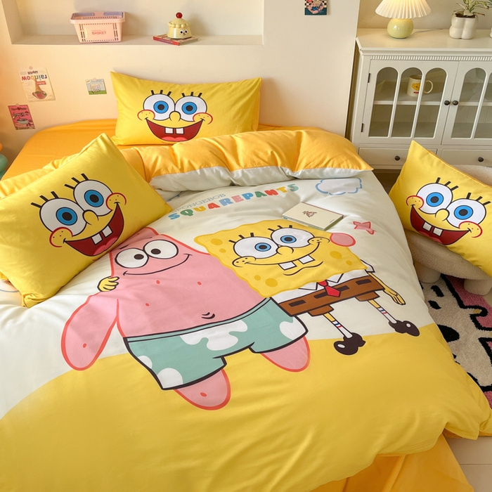 91家纺网 家纺一手货源 找家纺 金爱家纯棉数码印花系列四件套-海绵宝宝 棉D-伙伴海绵宝宝