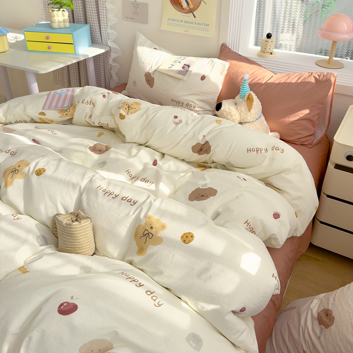 91家纺网 家纺一手货源 找家纺 颜选 2025新款水洗棉印花四件套【提供买家秀】 蝴蝶结熊