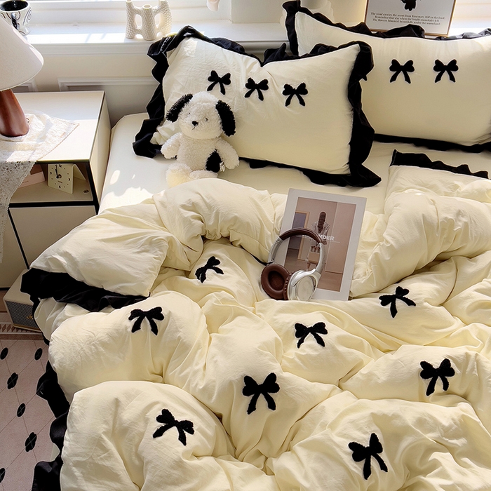 91家纺网 家纺一手货源 找家纺 梦之岛 2025新款韩版小香风赫本风云朵棉毛巾绣四件套 小香风蝴蝶结-奶黄