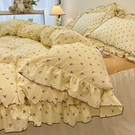 91家纺网 家纺一手货源 找家纺 （总）盼季家纺 2025新款公主风花边小清新水洗棉床上四件套床单被套床裙三件套-风格一