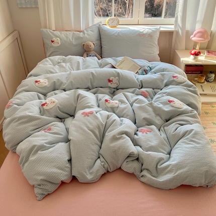 桃子家居 2025新款A类ins纯棉色织水洗棉毛巾绣奶油少女猫咪兔兔混搭系列四件套 色织水洗棉-兔兔蝴蝶结蓝粉